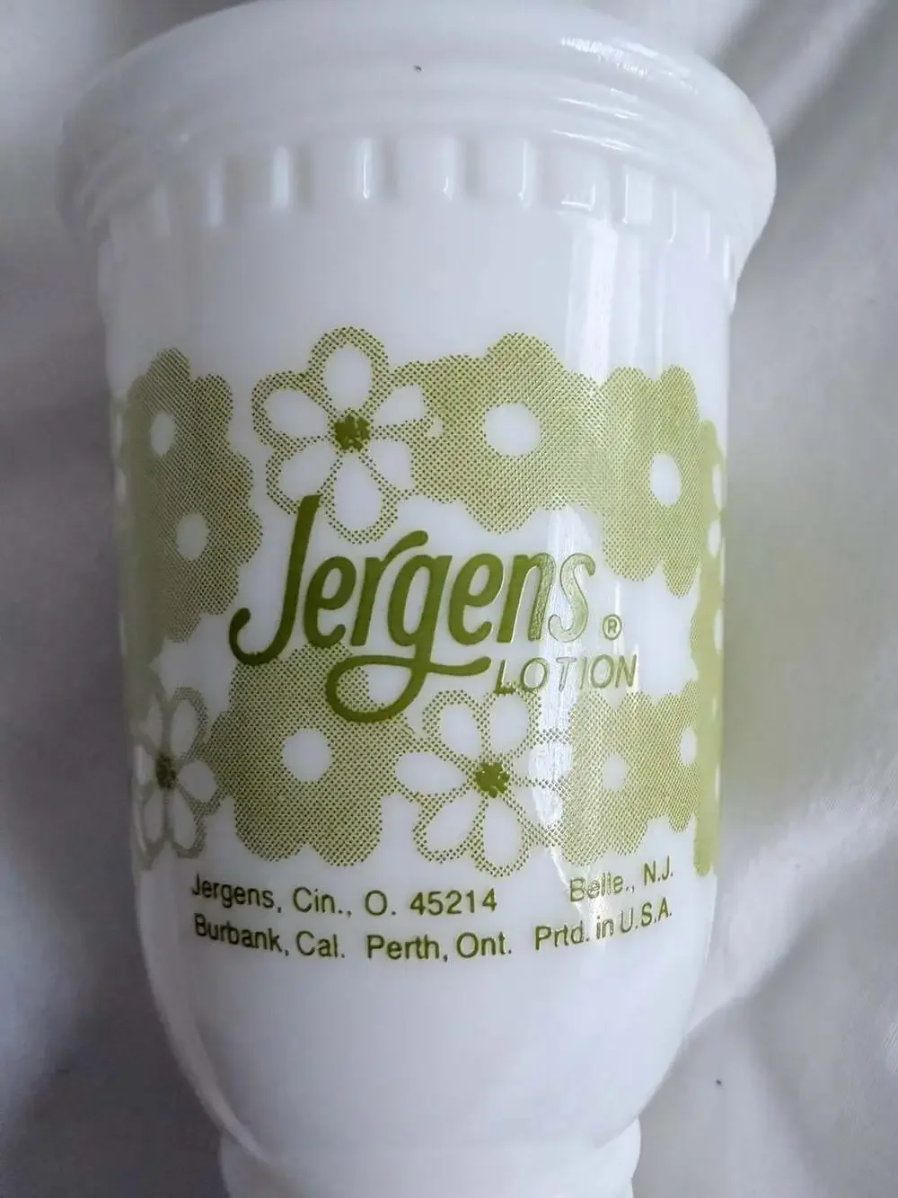 Vintage Jergens Lotion Milk Glass Dispenser Bottle White with Green Daisy Floral